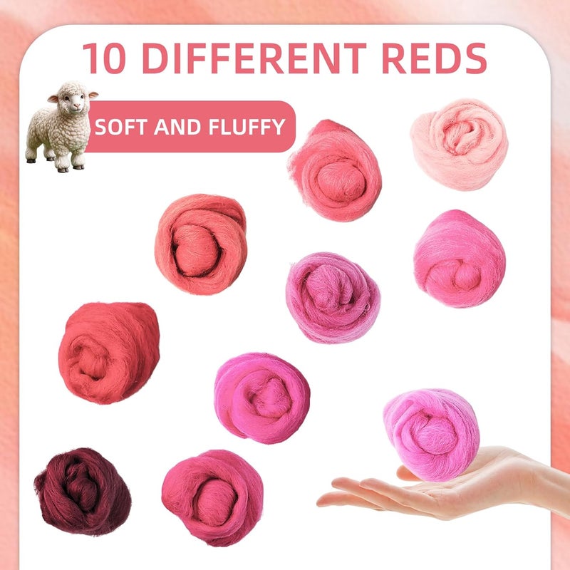 Flylin Needle Felting Wool, 10 Colors Wool Roving Yarn for Beginners and Wet Felting, 10g/Colour Fibre Wool Roving for DIY Craft/Spinning/Wall Hangings/Tapestry (Red Series) - Image 4